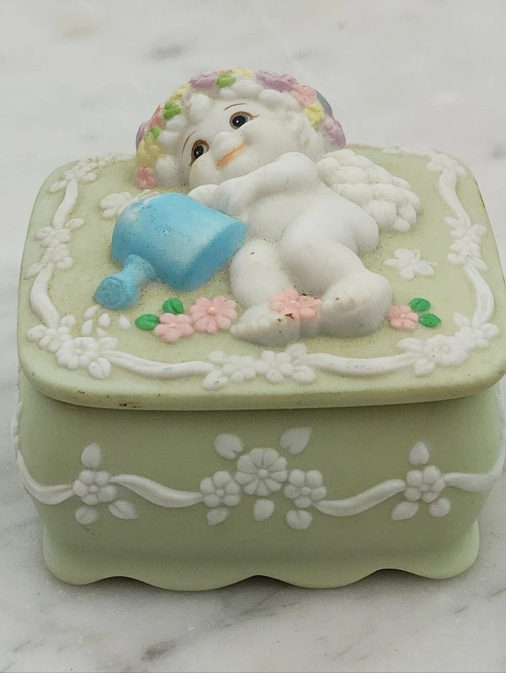 Vintage Dreamsicles Trinket Box Ring Box Cherub Floral Garden Green White 2